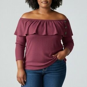 Lane Bryant 14 Top Burgundy Rib Knit 3/4 Sleeve Off Shoulder Feminine Fall Cozy
